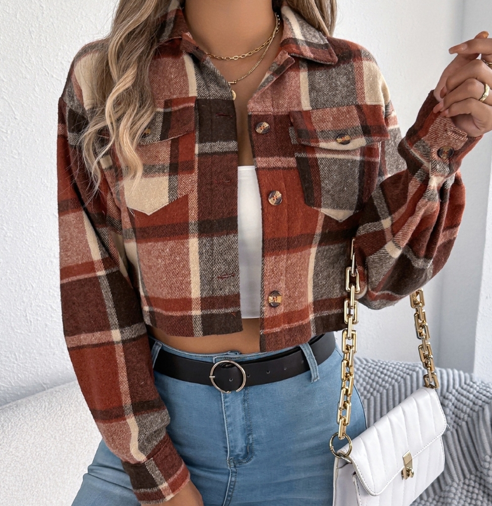 City Edge Plaid Cropped Jacket - Orange